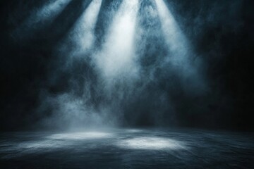 Wall Mural - A mysterious and atmospheric scene featuring a dark, empty space. The floor is lit by a spotlight, creating a dramatic interplay of light and shadows, with smoke or mist adding an element of mystery.