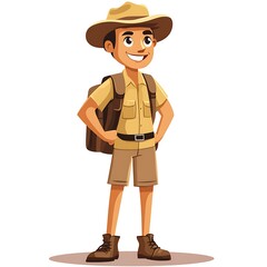 Wall Mural - Cartoon safari tourist with a hat on a white background