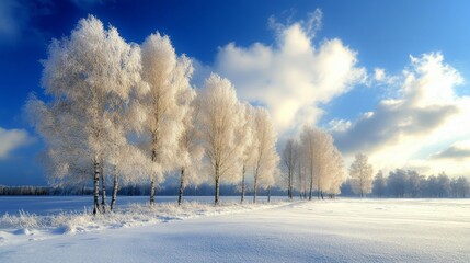 Wall Mural - Winter. Frosty trees in snowy field. Majestic winter landscape. Picturesque Christmas scene.