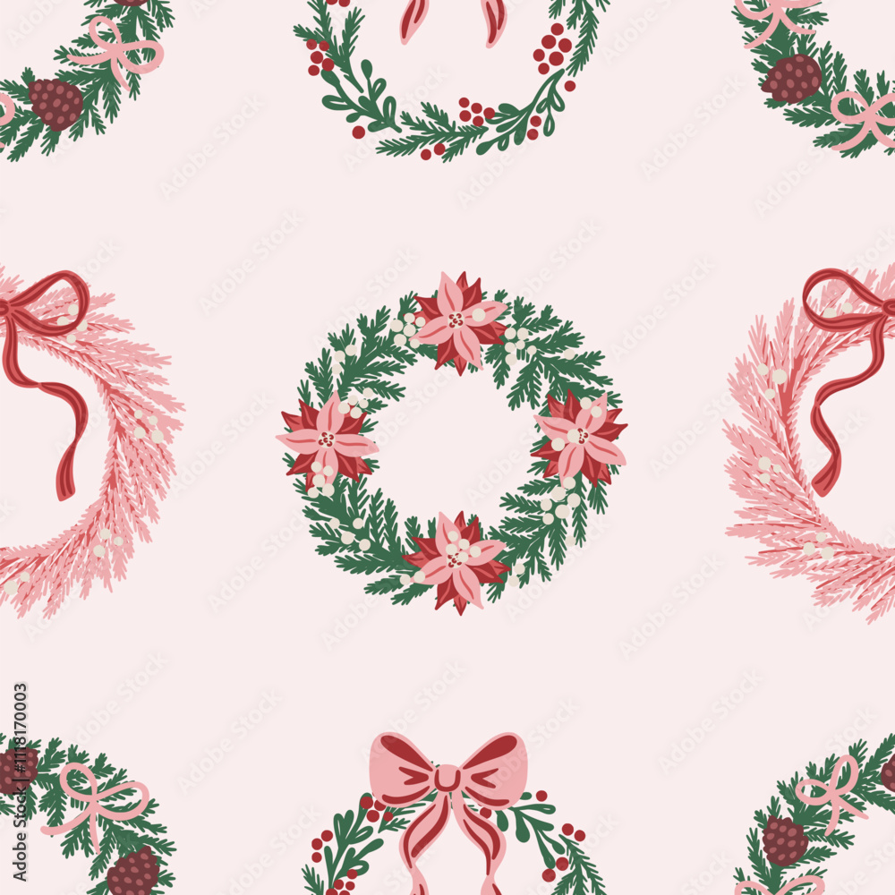Seamless pattern of hand-drawn Christmas wreaths decorated with bows ...