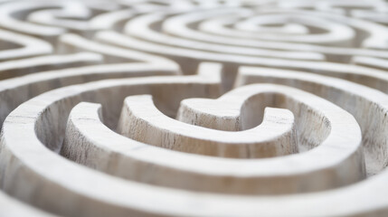 Close-up view of a wooden labyrinth structure showcasing intricate spiral patterns and textures, inviting thought and exploration.