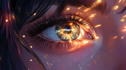 Wall Mural - close-up of a woman's eye, stars shimmering within, glowing light, aether clouds swirling, detailed 