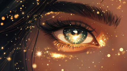 Wall Mural - close-up of a woman's eye, stars shimmering within, glowing light, aether clouds swirling, detailed 