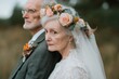 © Yuliya - Timeless Love: A tender portrait of an elderly couple, radiating love and contentment as they stand together on a sun-drenched field.  The bride wears a beautiful floral crown and a lace veil.