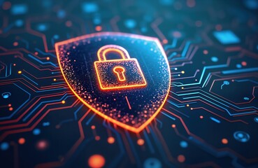 Leinwandbilder - Digital data protection concept. Security shield with glowing lock icon on tech circuit board. Illustrates cyber security, data safeguards. Generative AI creation. Modern tech design highlights
