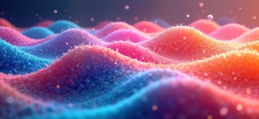 Aufkleber - Vibrant multicolored 3D abstract wave pattern. Colorful hills, wavy forms, glowing particles create dynamic visual effect. Liquid-like texture with smooth transitions between bright colours like red,