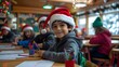 © cynz - Students in a brightly decorated classroom sit at their desks wearing Santa hats, working on Christmas-themed worksheets with colorful pens and crayons.