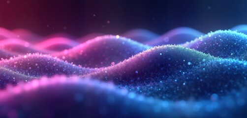 Leinwandbilder - Abstract design with vibrant neon wave patterns. Glowing particles create textured hills, valleys. Dynamic, colorful background for tech, music creative designs. Trendy vibrant glowing colors.