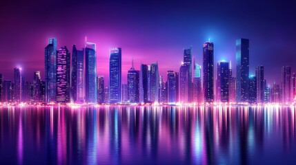 Wall Mural - As dusk falls, a futuristic cityscape features neon skyscrapers that reflect on the river.