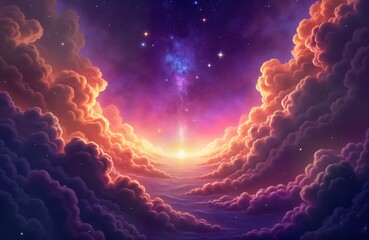 Poster - Purple, gold nebula clouds fill starry night sky. Cosmic light shines through. Abstract galaxy background. Fantasy cosmos. Outer space illustration. Deep violet hues combine with gold tones. Starry