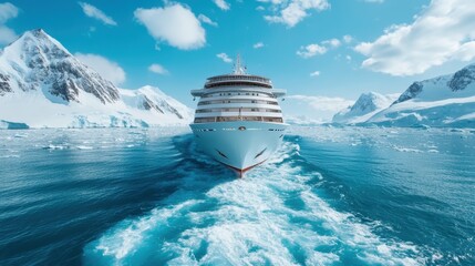 a grand cruise ship navigates through the icy waters surrounded by majestic snow-covered mountains, 