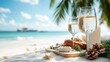 © Dulemegapixel - This vibrant beach image captures a tropical holiday scene, featuring wine glasses, festive decorations, and a peaceful ocean backdrop with clear blue skies.