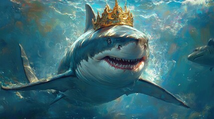 Poster - A noble great white shark with a radiant golden crown, swimming gracefully in shimmering azure ocean water