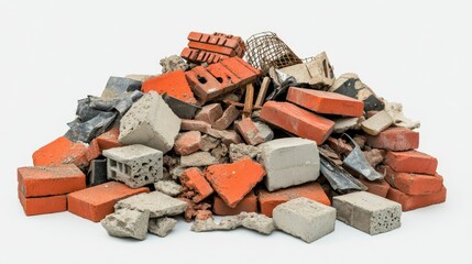 Sticker - A pile of construction garbage with red bricks, cement blocks, and metal scrap, neatly arranged on a white background