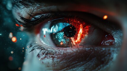 An eye with striking red digital patterns suggesting a blend of human and technology, offering a futuristic and intriguing visual narrative.