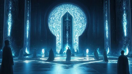 Wall Mural - the purity and oneness of allah illustrated in a divine futuristic scene, believers illuminated by g