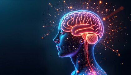 Aufkleber - Digital illustration of human brain with neural connections, glowing data points. Profile view of head detailed brain structure. Neural pathways radiate outwards forming abstract visual of complex