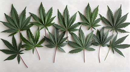 Ten vibrant green cannabis leaves arranged in two rows on a white background.