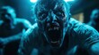 © Dulemegapixel - A zombified being lurches forward, showcasing a decayed face illuminated by neon light, symbolizing the undead in an apocalyptic, nightmarish setting.