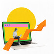 © Lustre Art Group  - Contemporary art collage. Woman sitting on laptop screen with upward orange graph arrow, representing online growth and SEO strategies. Concept of social media marketing, digital, communication. Ad