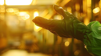 Close-up of worker's hand holding protective glove, symbolizing labor rights and safety in industrial environment.