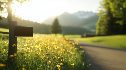Wall Mural - scenic landscape with vibrant wildflowers and tranquil road under a sunny sky during golden hour