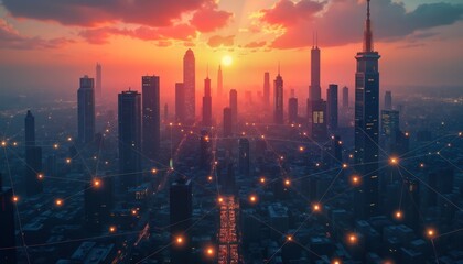 Wall Mural - Sunrise cityscape network illustration shows futuristic city with tall buildings. Connectivity lines connect urban structures. Modern architecture illuminated at dawn. Cityscapes show intricate