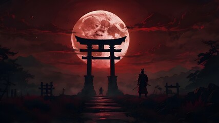 Wall Mural - a chinese temple in red moon