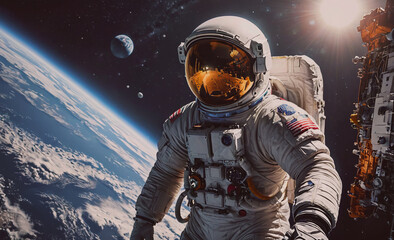 Wall Mural - man in a space suit is standing on the surface of the moon. he is wearing a helmet and a white suit