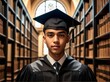 © Татьяна Кузнецова - Proud graduate wearing cap and gown stands in library showcasing academic achievement and dedication