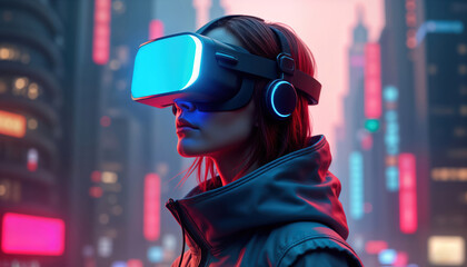 Person wears VR headset in neon illuminated futuristic city. Person appears engrossed in virtual world. Cityscape background features urban structures, vibrant lighting. Night time ambiance. Modern