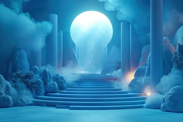 Mystical blue fantasy landscape with foggy steps and glowing moon portal