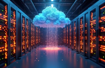 Fototapete - Big data center tech warehouse shows digital info activation. Cloud computing system with generative AI. Servers connected to digital cloud. Tech infrastructure, high tech info, data flow. Modern web