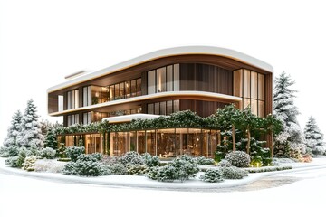 Wall Mural - brown and gold miniature realistic vector luxury hotel side view with modern architecture and greenery plant and flowers on white snow background 