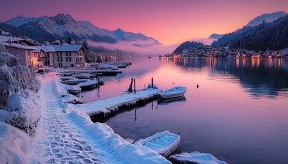 Wall Mural - Alpine village on a lake with boats at a snowy waterfront at sunset, St Moritz Switzerland