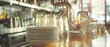 © Ai Studio - A softly-lit café bar counter with stacked plates and glasses, reflecting a warm, inviting atmosphere as sunlight streams through, evoking morning serenity.