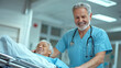© AnuStudio - Healthcare medical facility concept, A smiling doctor assists an elderly patient in a hospital, showcasing compassion and healthcare professionalism.