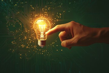 Wall Mural - A robot hand is touching the finger of an adult human, light bulb above their heads in digital space, technology background with circuit board and data flow effects around them.