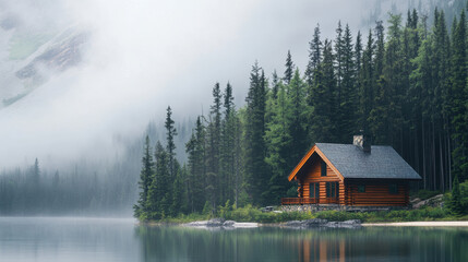 Wall Mural - Serene log cabin by a misty lake surrounded by pine trees, creating a tranquil and peaceful atmosphere.
