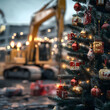 © linda_vostrovska - Decorated Christmas tree with gifts inside a construction site with construction machinery in the background. Concept of Christmas celebration during working.