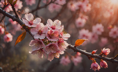 Poster - A branch with pink flowers is shown in the image. The flowers are in full bloom and are arranged in a way that creates a sense of beauty and serenity