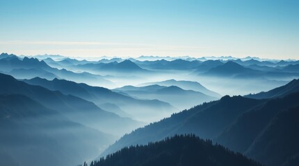 Wall Mural - backdrop photo of serene blue mountain range with misty peaks under a clear sky background design co