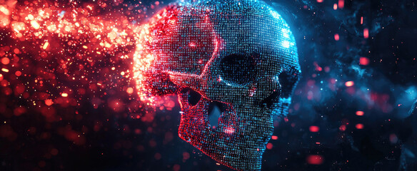 Wall Mural - abstract cyber space background, skull with glowing particles, lights and data in dark. theme of cod