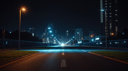 Wall Mural - backdrop photo of empty road sidewalk with the the city at night in the background with copy space b