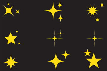Wall Mural - Minimalist silhouette stars icon, twinkle star shape symbols. Modern geometric elements, shining star icons, abstract sparkle black silhouettes symbol vector set