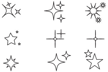 Wall Mural - Minimalist silhouette stars icon, twinkle star shape symbols. Modern geometric elements, shining star icons, abstract sparkle black silhouettes symbol vector set