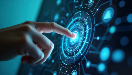 Fototapete - Expert hand interacts with futuristic tech interface. Finger presses glowing button on digital touch screen. Advanced system navigation, control concept. Modern tech design. Interactive interface