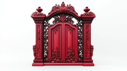 Wall Mural - A single ornate red ceramic gate with carved details, standing boldly on a white background