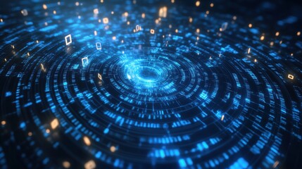 A dynamic array of blue data points and glowing squares twists into a vortex, capturing the essence of technology and digital innovation in a mesmerizing display