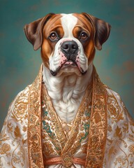 Wall Mural - Fancy dress for fashionable pet dog concept. Regal dog in ornate clothing against a colorful background